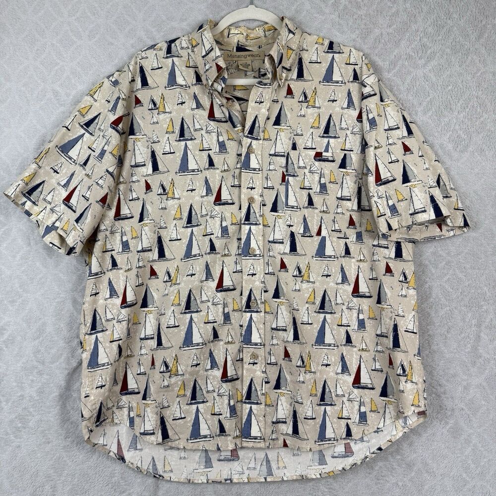 Vtg Munsingwear Button Down Shirt Mens Large Sailboat Coastal Preppy Summer 90s